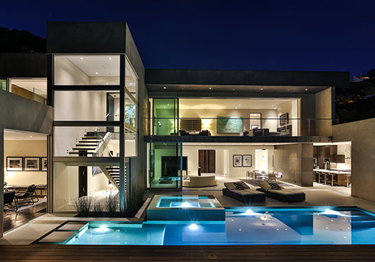 A luxury modern home in the Hollywood Hills, built by Houck Construction Inc., showcases clean lines and open spaces.
